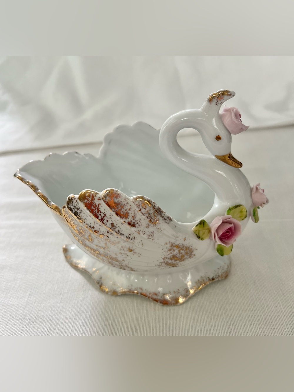 Vtg Swan Lefton China Planter Bowl Roses Gold Trim Japan Trinket Dish 50s